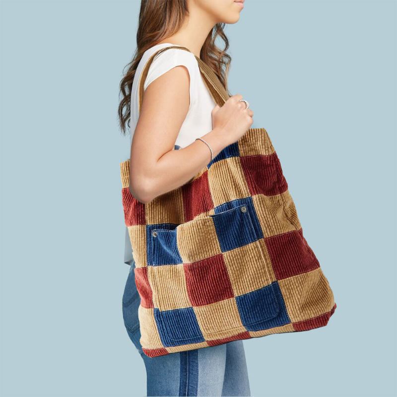 Kvinder Farve Matchende Stor Kapacitet Tote Flokkedrøj Plaid Frontlomme Vintage Skuldertaske Håndtaske