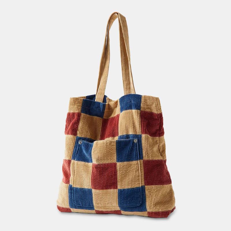 Kvinder Farve Matchende Stor Kapacitet Tote Flokkedrøj Plaid Frontlomme Vintage Skuldertaske Håndtaske