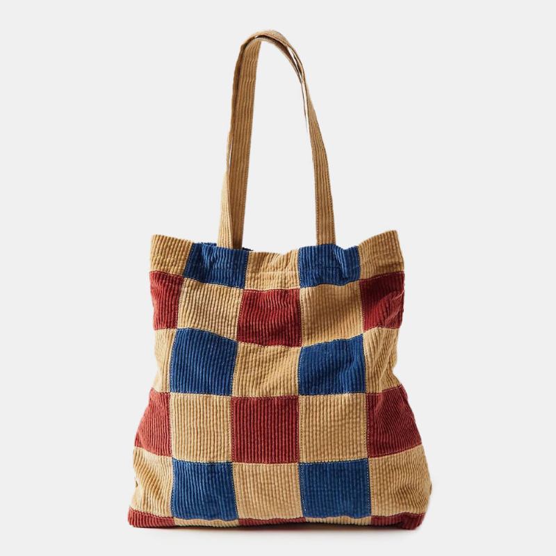 Kvinder Farve Matchende Stor Kapacitet Tote Flokkedrøj Plaid Frontlomme Vintage Skuldertaske Håndtaske