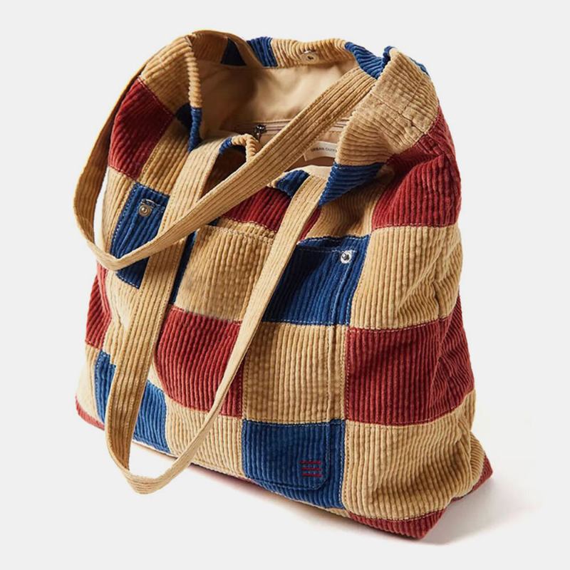 Kvinder Farve Matchende Stor Kapacitet Tote Flokkedrøj Plaid Frontlomme Vintage Skuldertaske Håndtaske