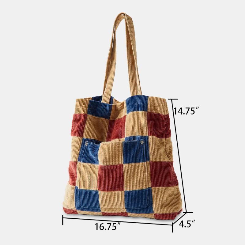 Kvinder Farve Matchende Stor Kapacitet Tote Flokkedrøj Plaid Frontlomme Vintage Skuldertaske Håndtaske