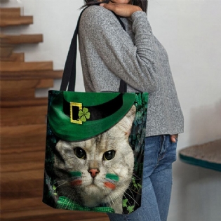 Kvinder Kløver Kat Mønster Print Happy St Patrick Day Skuldertaske Håndtaske Tote