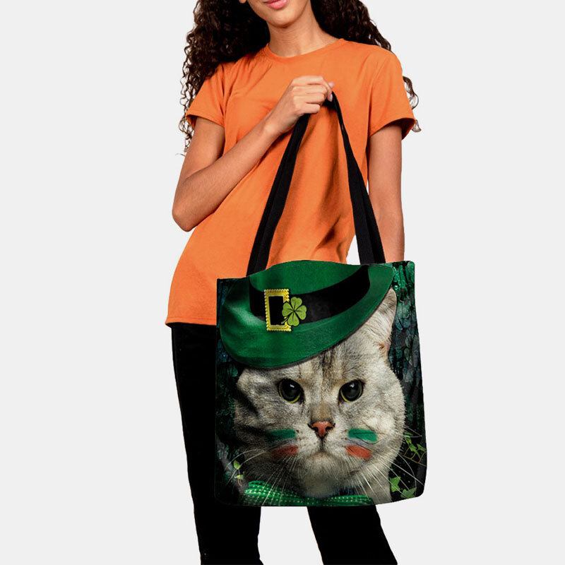 Kvinder Kløver Kat Mønster Print Happy St Patrick Day Skuldertaske Håndtaske Tote