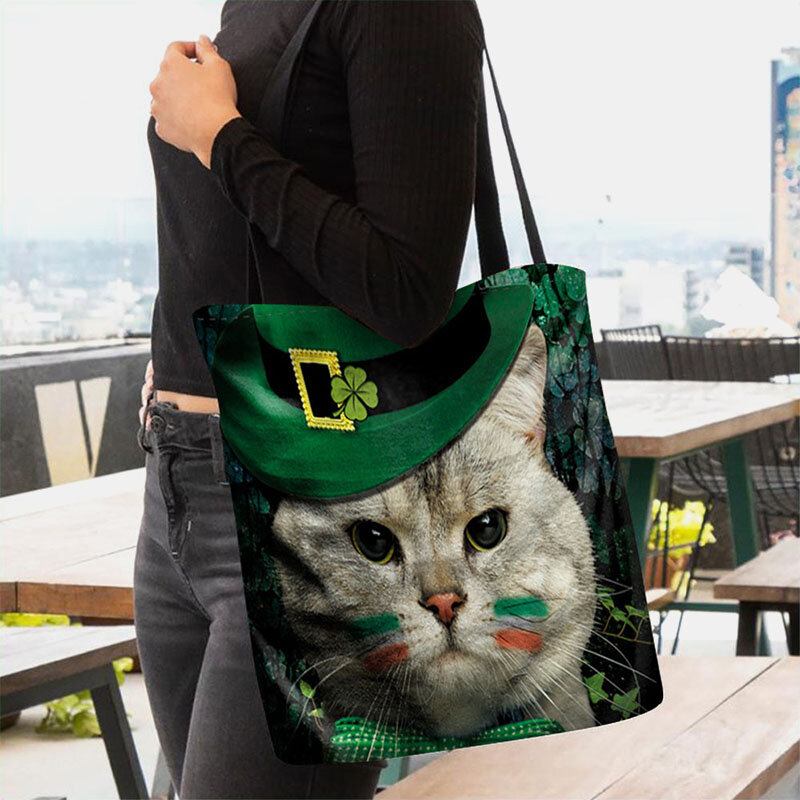 Kvinder Kløver Kat Mønster Print Happy St Patrick Day Skuldertaske Håndtaske Tote