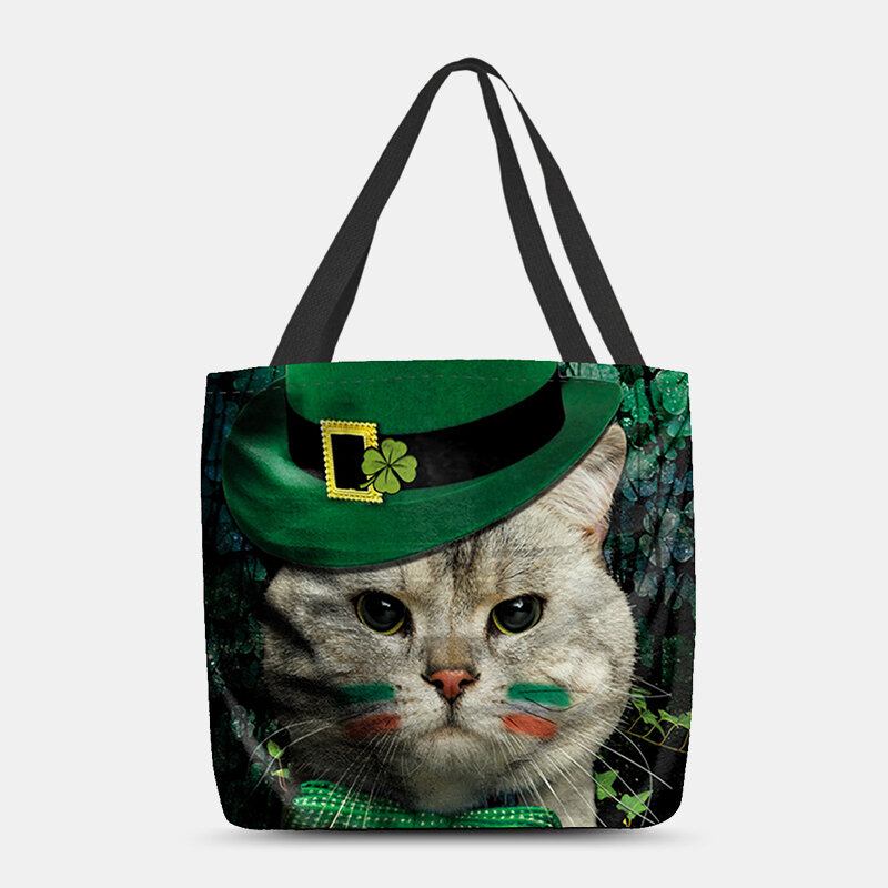 Kvinder Kløver Kat Mønster Print Happy St Patrick Day Skuldertaske Håndtaske Tote