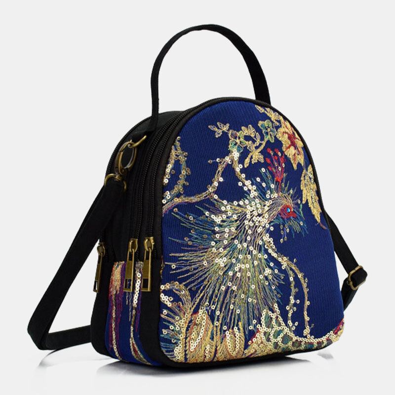 Kvinder Lærred Etnisk Stil Broderi Påfuglemønster Pailletter Mini Multi-bære Håndtaske Crossbody Taske