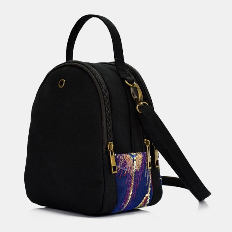 Kvinder Lærred Etnisk Stil Broderi Påfuglemønster Pailletter Mini Multi-bære Håndtaske Crossbody Taske