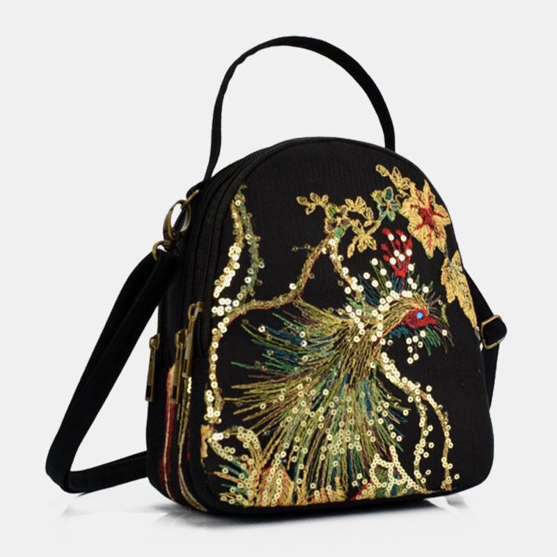 Kvinder Lærred Etnisk Stil Broderi Påfuglemønster Pailletter Mini Multi-bære Håndtaske Crossbody Taske