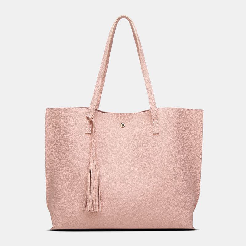 Kvinder Pu Læder Litchi Mønster Stor Kapacitet Casual Tassel Solid Tote Skuldertaske Håndtaske