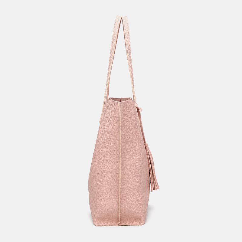 Kvinder Pu Læder Litchi Mønster Stor Kapacitet Casual Tassel Solid Tote Skuldertaske Håndtaske