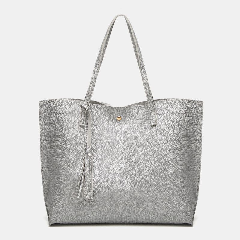 Kvinder Pu Læder Litchi Mønster Stor Kapacitet Casual Tassel Solid Tote Skuldertaske Håndtaske