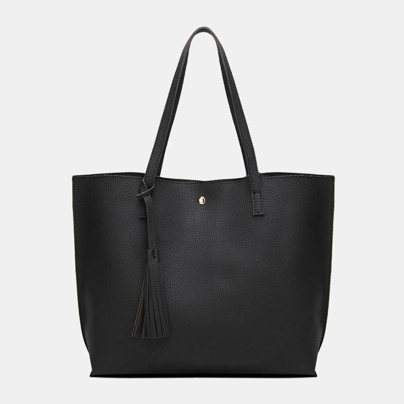 Kvinder Pu Læder Litchi Mønster Stor Kapacitet Casual Tassel Solid Tote Skuldertaske Håndtaske