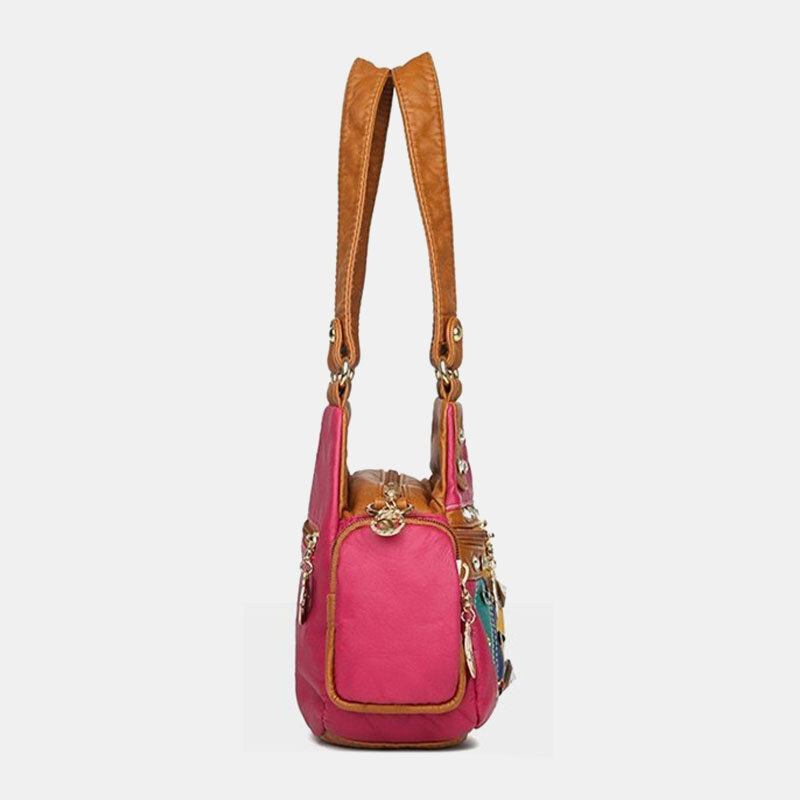 Kvinder Pu Læder Rhinestone Patchwork Vandtæt Vintage Skuldertaske Håndtaske Tote Crossbody Tasker