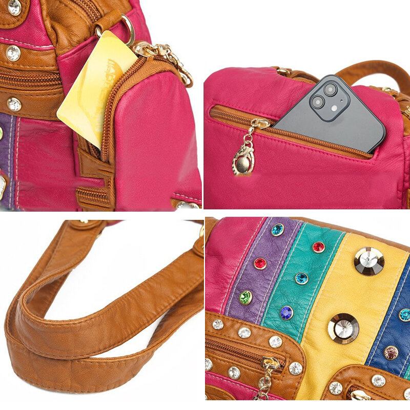 Kvinder Pu Læder Rhinestone Patchwork Vandtæt Vintage Skuldertaske Håndtaske Tote Crossbody Tasker