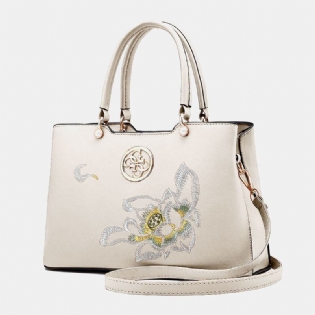 Kvinder Vintage Kinesisk Stil Gardenia Flower Broderet Håndtaske Stor Kapacitet Multi-lomme Multi-bære Pu Leahter Crossbody Taske