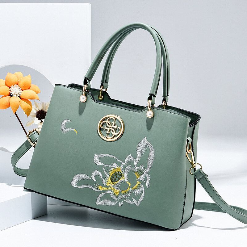 Kvinder Vintage Kinesisk Stil Gardenia Flower Broderet Håndtaske Stor Kapacitet Multi-lomme Multi-bære Pu Leahter Crossbody Taske