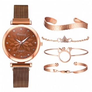 5 Stk Kombination Dame Armbånd Ur Sæt Flower Dial Mesh Steel Band Quartz Watch