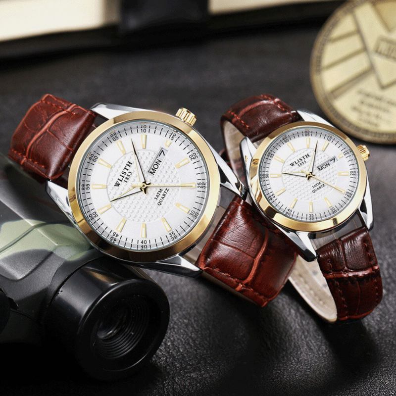 8 Farver Rustfrit Stål Par Business Casual Simple Kunstlæderrem Quartz Watch