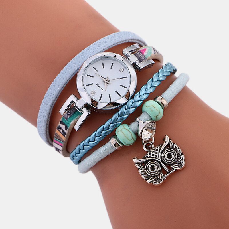 Bohemian Cute Owl Læderarmbåndsur Etnisk Metal Rhinestone Multi-layer Armbåndsure