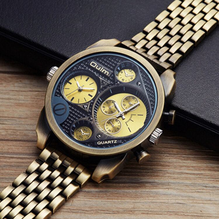 Business Vintage Large Dial Dual Time Zone Alloy Band Herre Quartz Watch