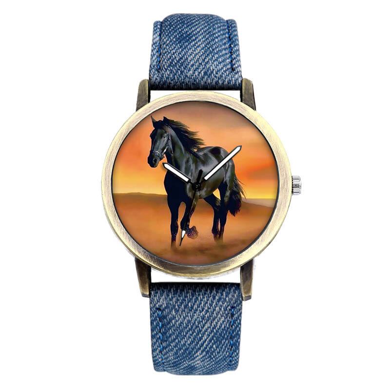 Casual Black Horse Desert Dial All-match Denim Strap Herre Quartz Watch Armbåndsur