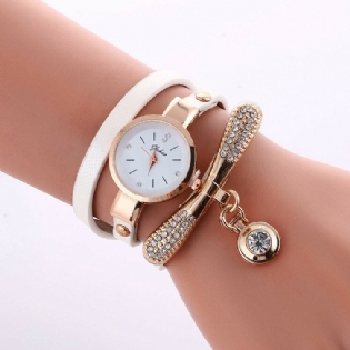 Casual Dameur Læderrem Rhinestone Metal Dekorativ Circle Pendant Flerlags Quartz Watch