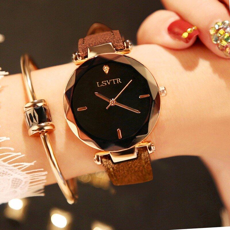 Casual Fashion Diamond Pattern Dial Rhinestone Pu Læderrem Dame Armbåndsur Quartz Watch