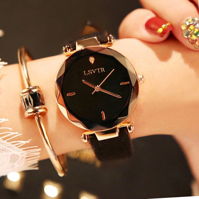 Casual Fashion Diamond Pattern Dial Rhinestone Pu Læderrem Dame Armbåndsur Quartz Watch