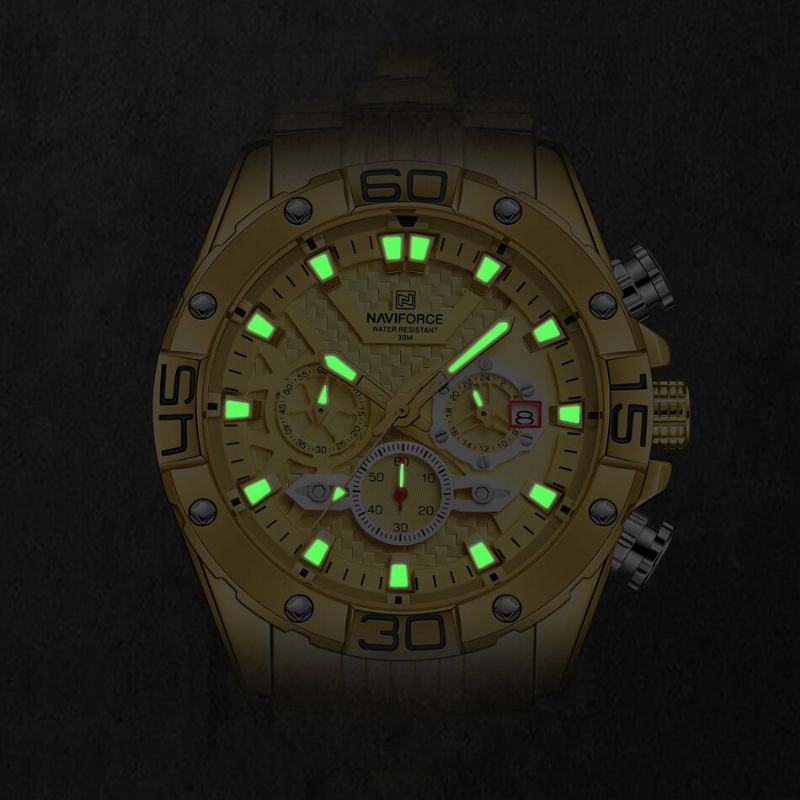 Casual Luminous Pointer Calendar Chronograph Rustfrit Stålrem 3atm Vandtæt Herre Quartz Watch Armbåndsur