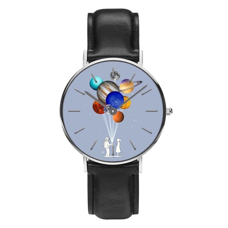 Casual Style Mænd Ur Cartoon Astronaut Farverigt Planet Print Pu Læderrem Ur Quartz Ure