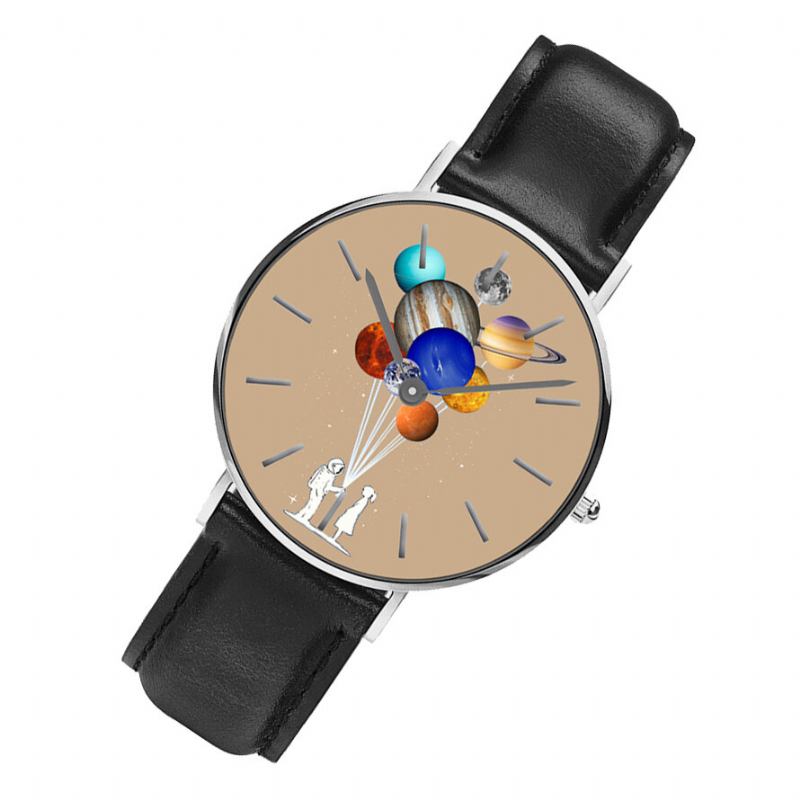 Casual Style Mænd Ur Cartoon Astronaut Farverigt Planet Print Pu Læderrem Ur Quartz Ure