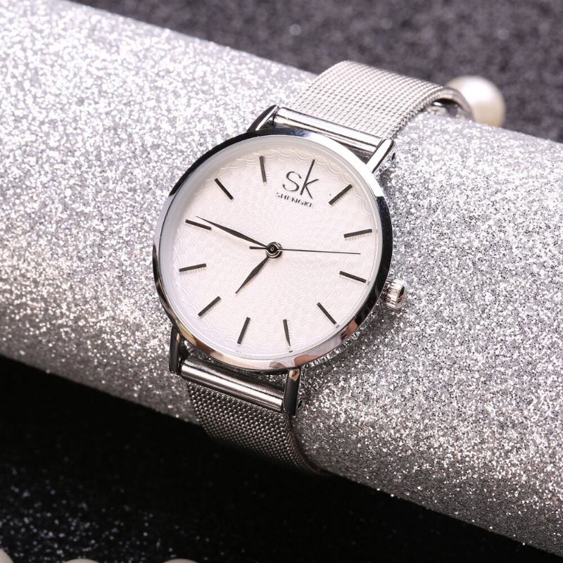 Casual Style Ultra Tyndt Damearmbåndsur Mesh Steel Band Quartz Watch