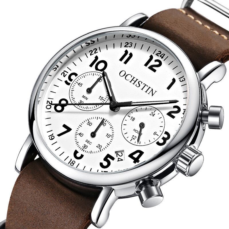 Chronograph Casual Style Herrearmbåndsur Ægte Læderbånd Kvartsur