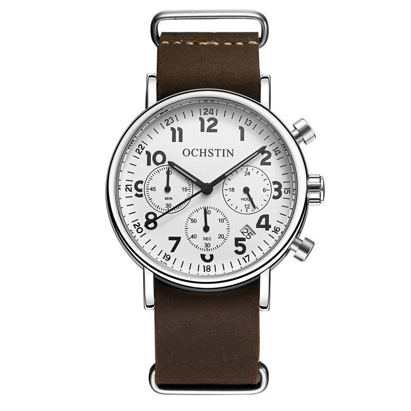 Chronograph Casual Style Herrearmbåndsur Ægte Læderbånd Kvartsur