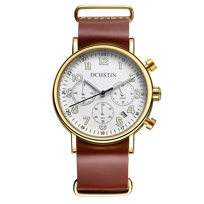 Chronograph Casual Style Herrearmbåndsur Ægte Læderbånd Kvartsur