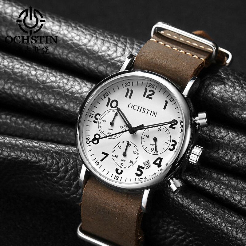 Chronograph Casual Style Herrearmbåndsur Ægte Læderbånd Kvartsur