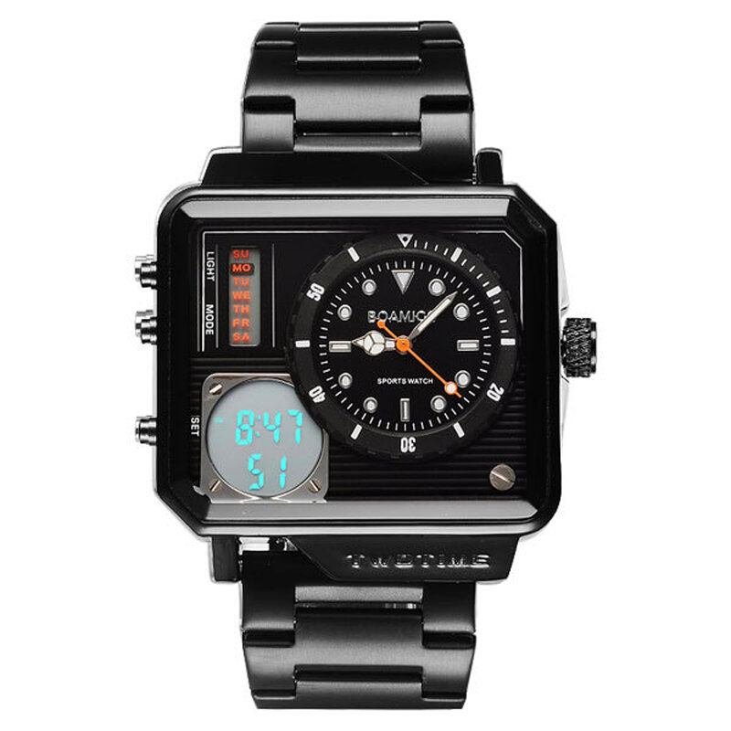 Creative Herrer Digital Watch Stor Urskive Dual Time Zone Led Light Dato Uge Display Rustfrit Stål Rem Dual Display Ur