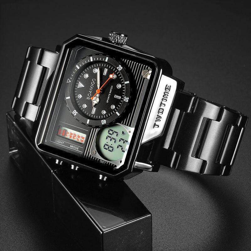 Creative Herrer Digital Watch Stor Urskive Dual Time Zone Led Light Dato Uge Display Rustfrit Stål Rem Dual Display Ur