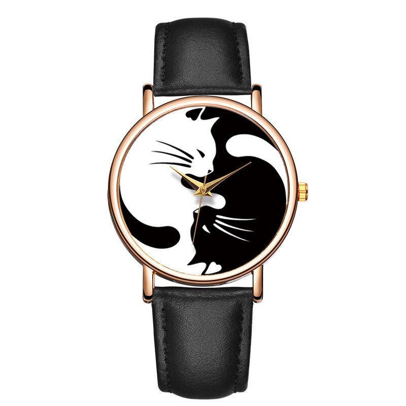 Cute Style Ultra Tynd Dame Armbåndsur Cat Design Læderrem Quartz Watch