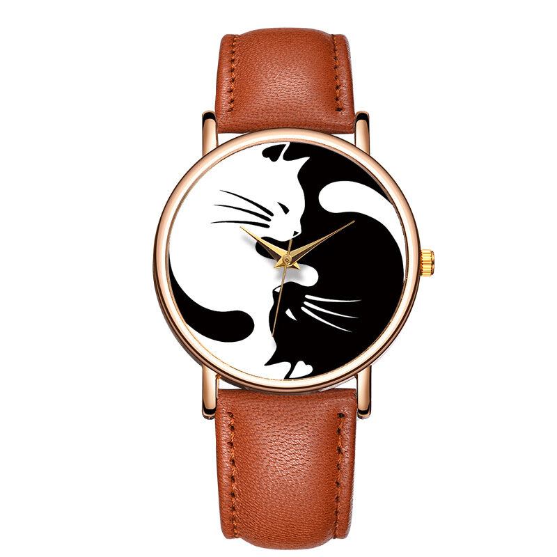 Cute Style Ultra Tynd Dame Armbåndsur Cat Design Læderrem Quartz Watch