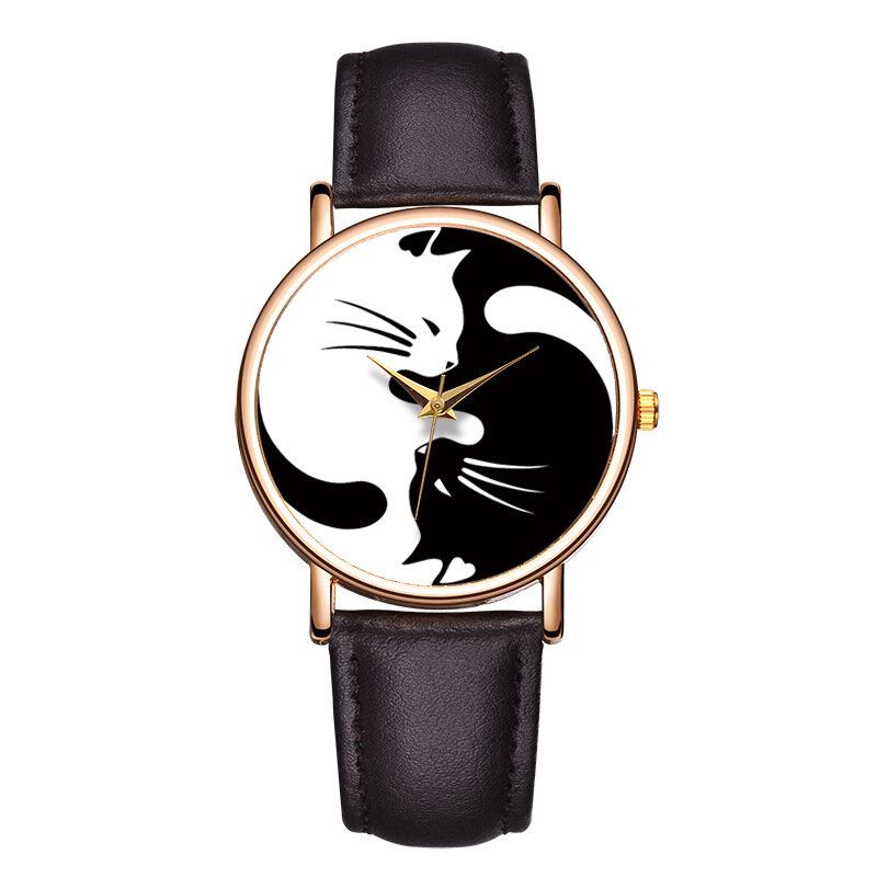 Cute Style Ultra Tynd Dame Armbåndsur Cat Design Læderrem Quartz Watch