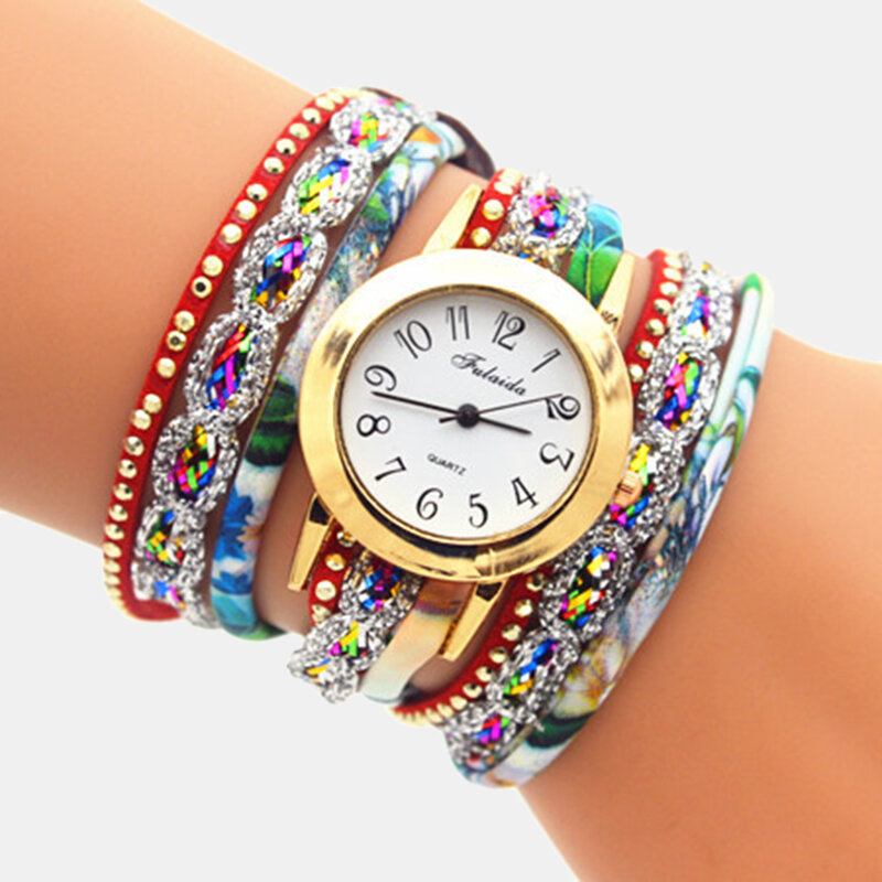 Deffrun Vintage Farverigt Udskrivning Dame Armbåndsur Flerlags Metal Rhinestone Pu Quartz Watch