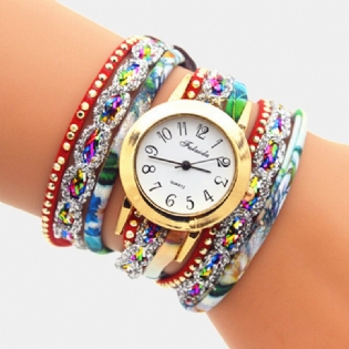 Deffrun Vintage Farverigt Udskrivning Dame Armbåndsur Flerlags Metal Rhinestone Pu Quartz Watch