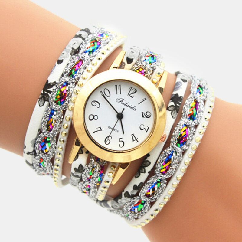 Deffrun Vintage Farverigt Udskrivning Dame Armbåndsur Flerlags Metal Rhinestone Pu Quartz Watch