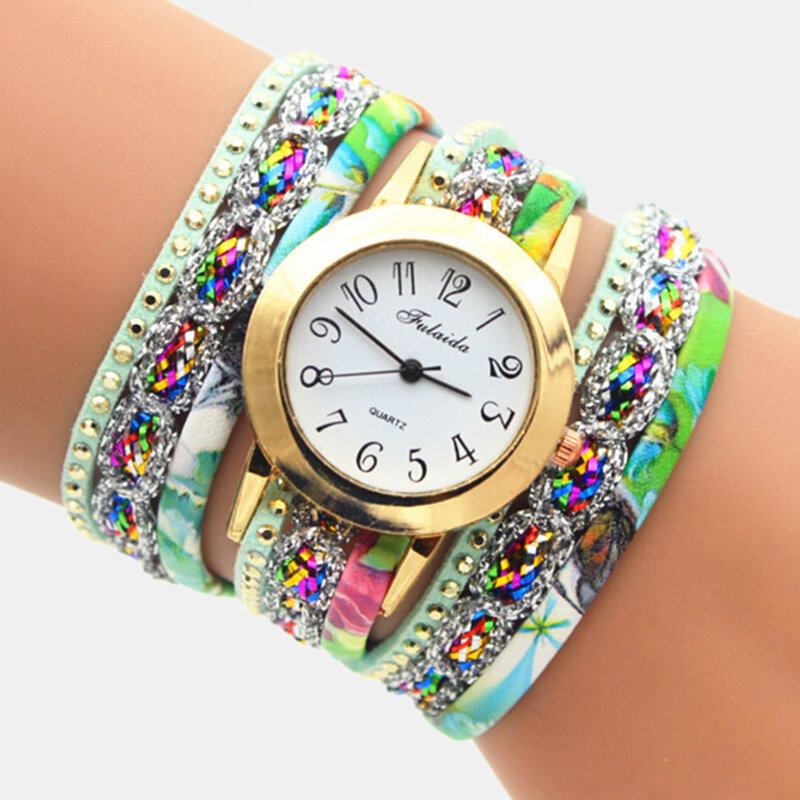 Deffrun Vintage Farverigt Udskrivning Dame Armbåndsur Flerlags Metal Rhinestone Pu Quartz Watch