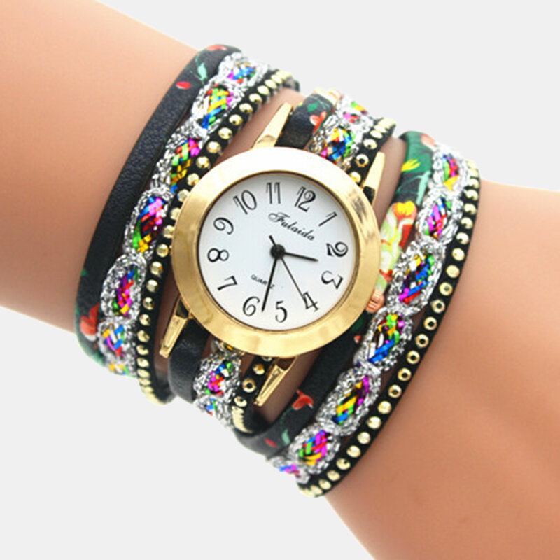 Deffrun Vintage Farverigt Udskrivning Dame Armbåndsur Flerlags Metal Rhinestone Pu Quartz Watch