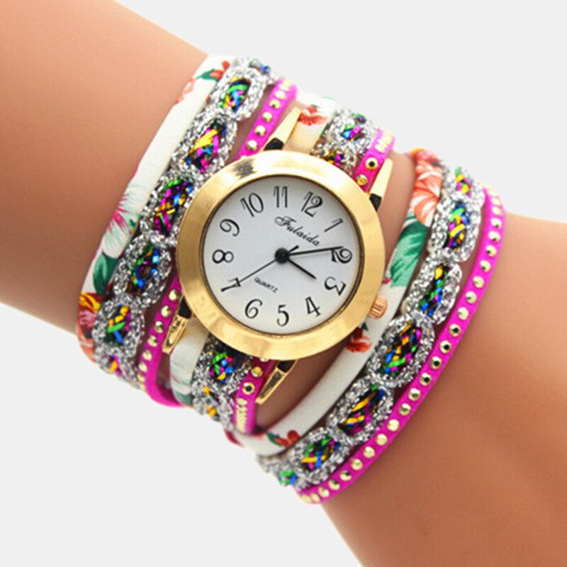 Deffrun Vintage Farverigt Udskrivning Dame Armbåndsur Flerlags Metal Rhinestone Pu Quartz Watch