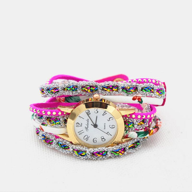 Deffrun Vintage Farverigt Udskrivning Dame Armbåndsur Flerlags Metal Rhinestone Pu Quartz Watch