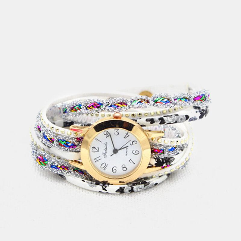 Deffrun Vintage Farverigt Udskrivning Dame Armbåndsur Flerlags Metal Rhinestone Pu Quartz Watch