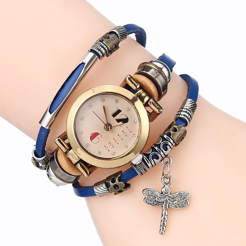 Deffrun Vintage Multilayer Dame Armbåndsur Diamond Dragonfly Pendant Læderbånd Quartz Watch